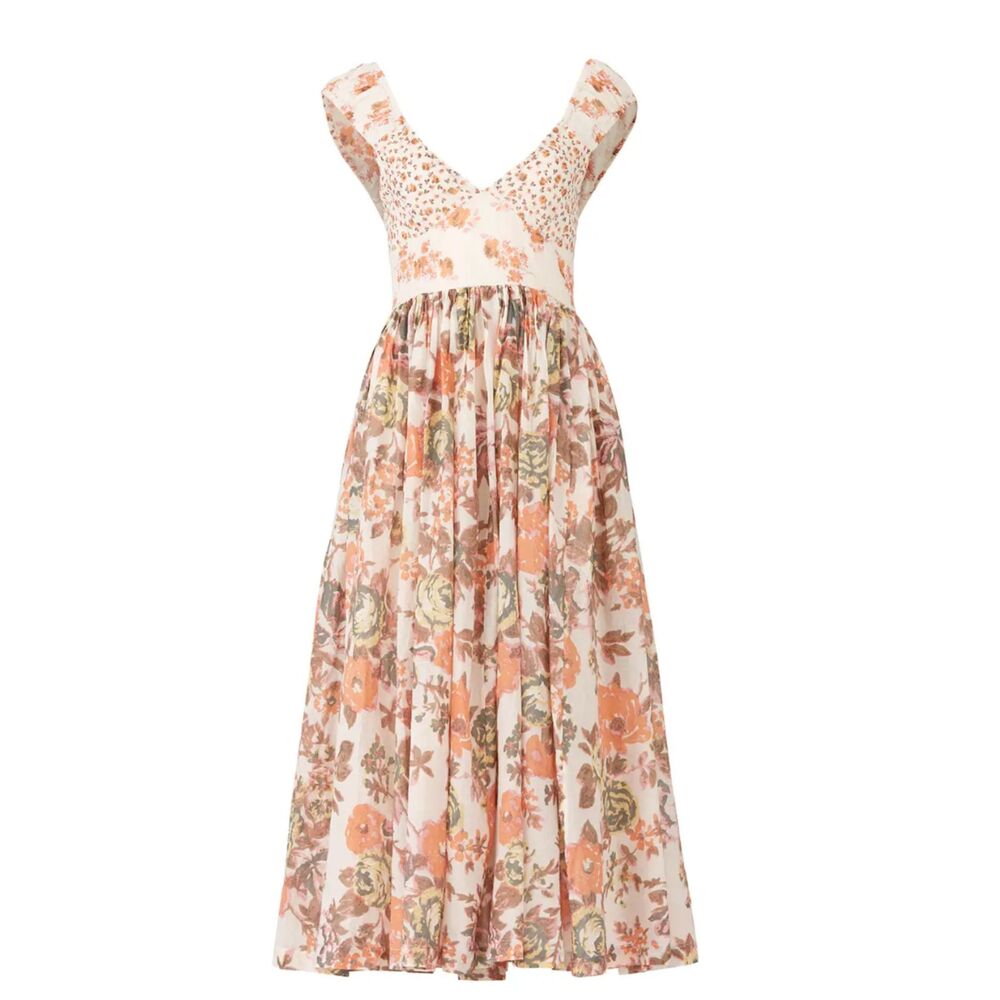 Free People Love You Midi Dress Cream Floral Pleated Flowy Size XS